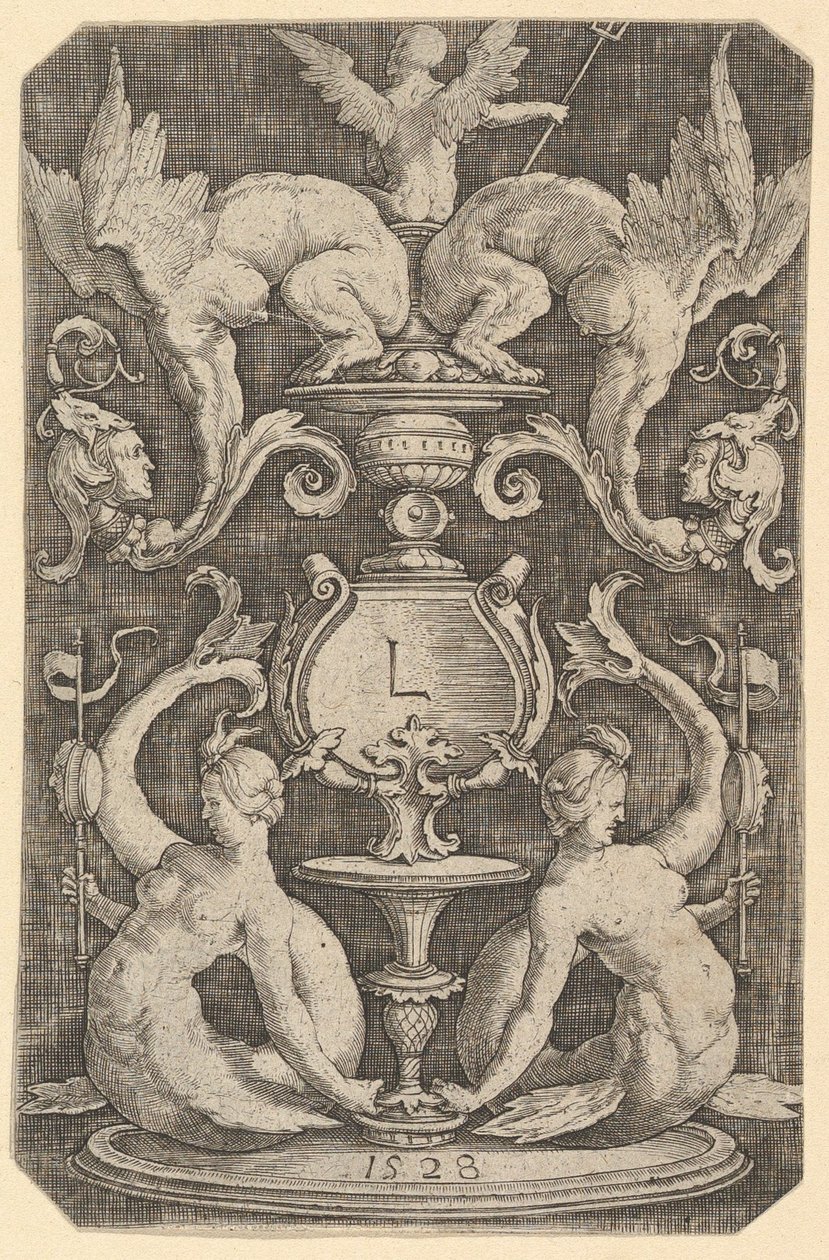 Panel Ornament se dvěma sirénami, 1528. od Lucas van Leyden