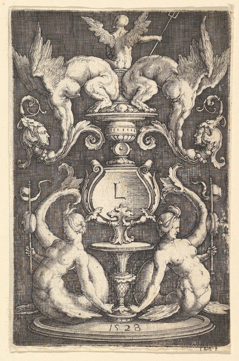 Panel Ornament se dvěma sirénami, 1528. od Lucas van Leyden
