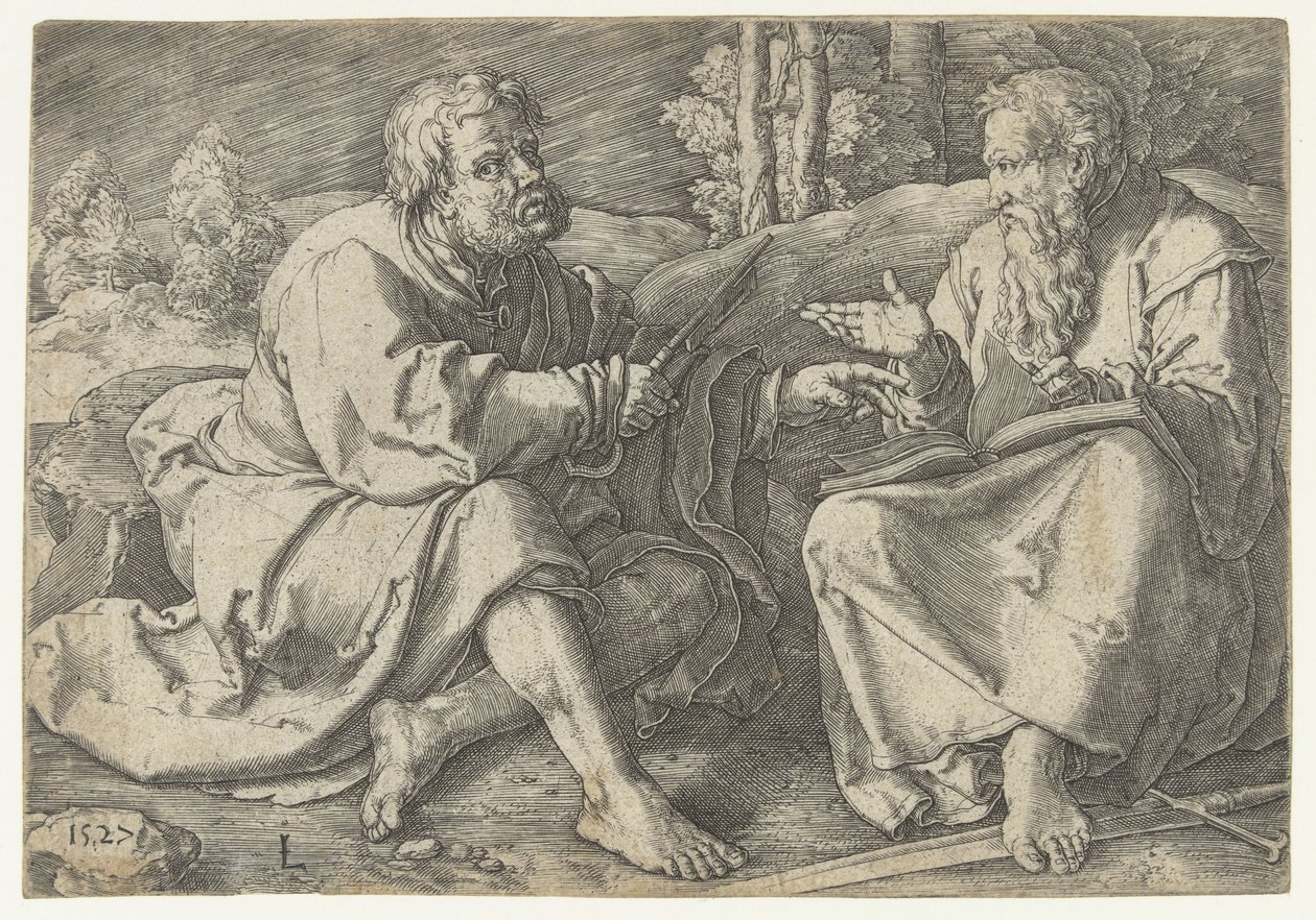Pavel a Petr sedí v krajině od Lucas van Leyden