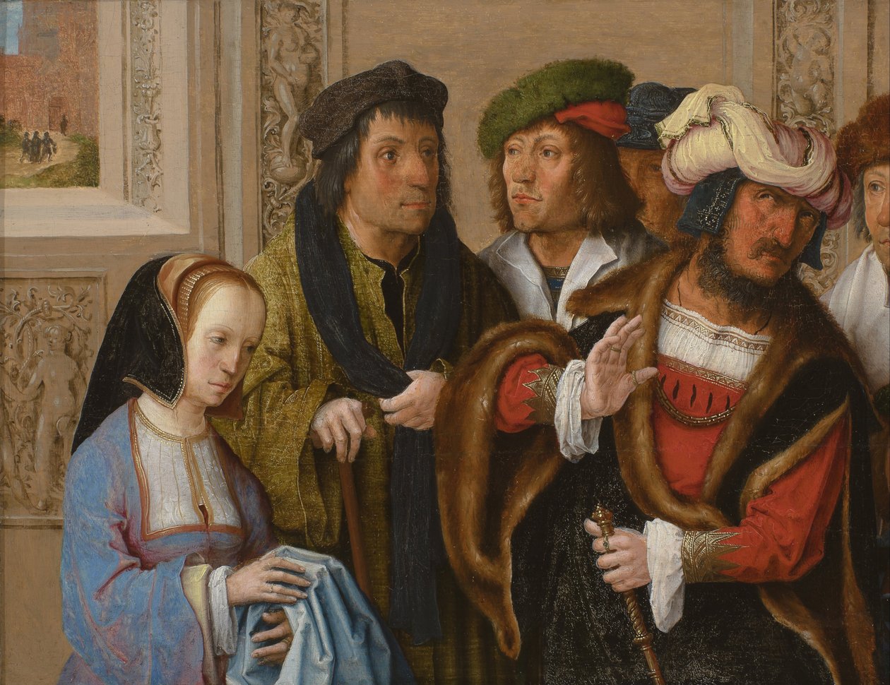 Putifarova žena ukazuje svému manželovi Josefův plášť. V pozadí: Josef je odváděn do vězení od Lucas van Leyden