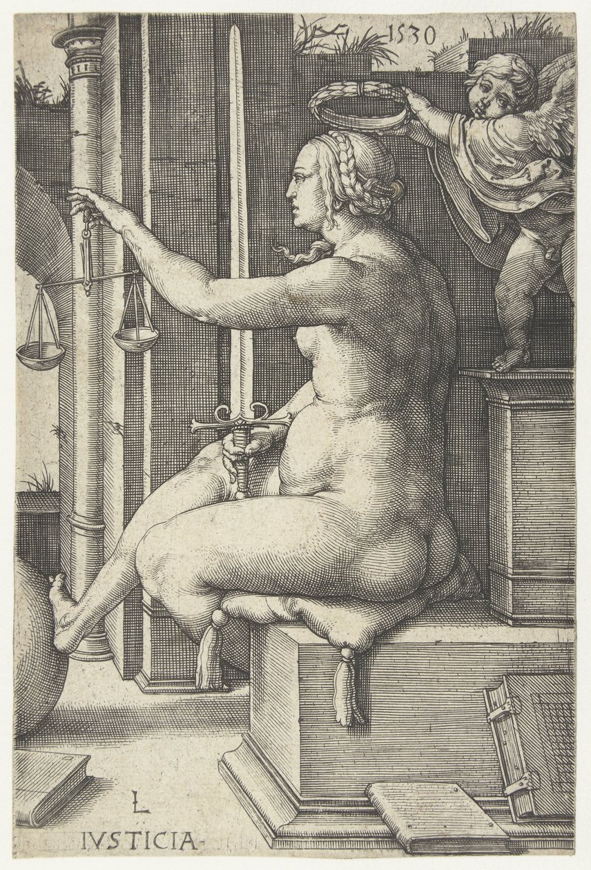 Spravedlnost Iusticia (název na předmětu) Sedm ctností (název série) od Lucas van Leyden