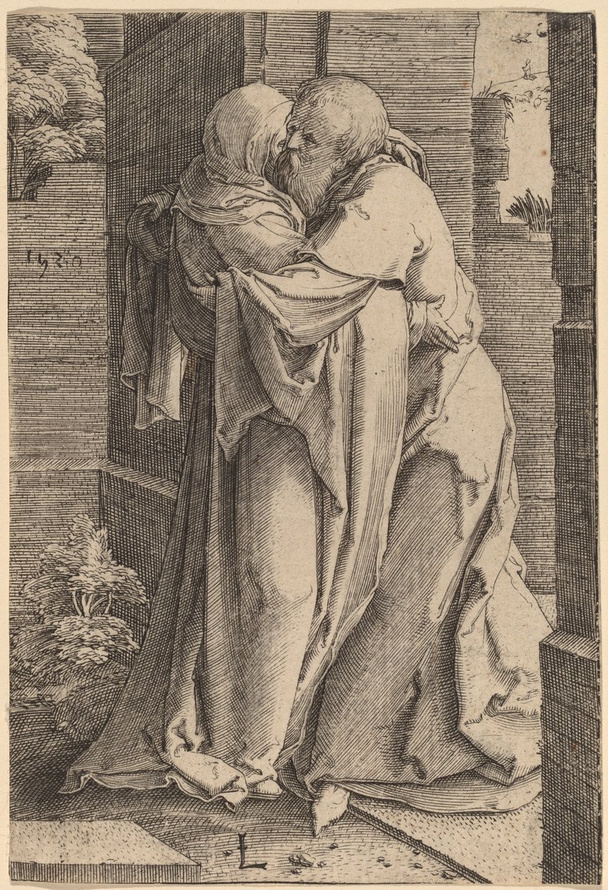 Svatý Joachim objímá svatou Annu od Lucas van Leyden