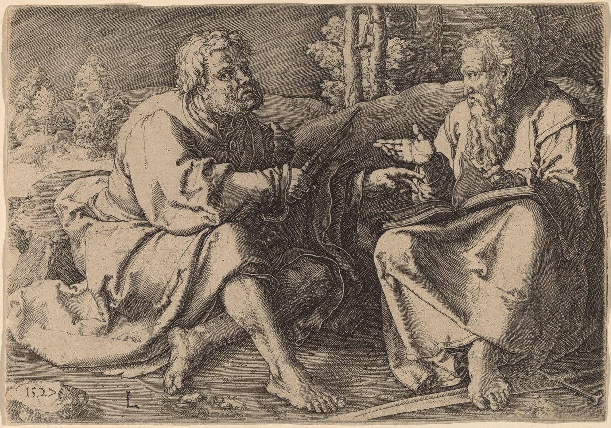 Svatí Petr a Pavel sedící v krajině od Lucas van Leyden
