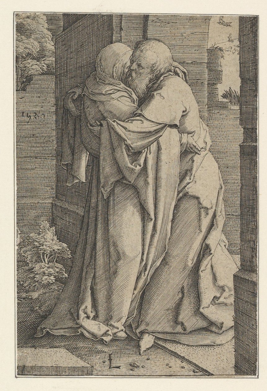 Svatý Joachim objímající svatou Annu, 1520. od Lucas van Leyden