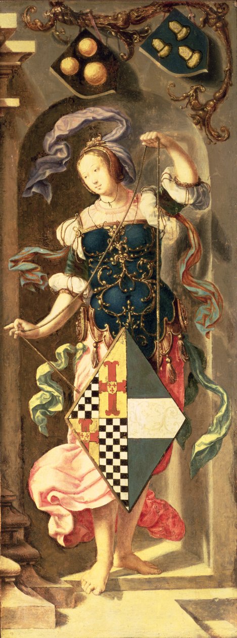 Uzdravení slepého z Jericha, pravý boční panel triptychu zobrazující mladou dívku s patronovým erbem, 1531 (olej na plátně přenesený z panelu) od Lucas van Leyden