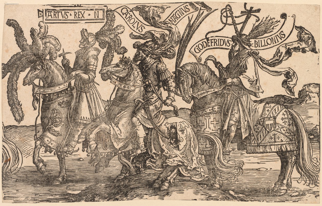 Devět hrdinů: Artuš, Karel Veliký (Charlemagne), Godfrey z Bouillonu od Lucas van Leyden