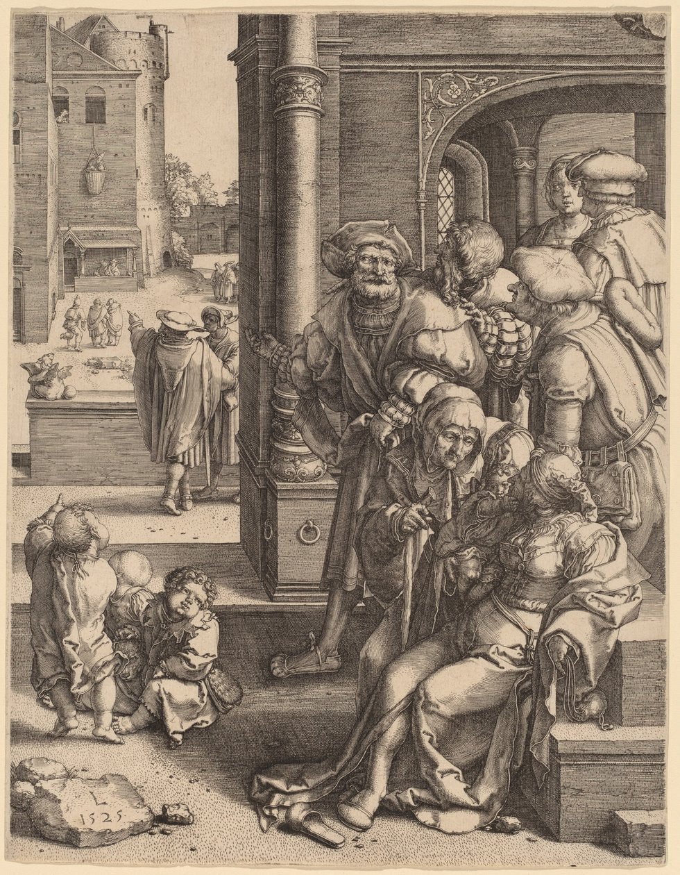 Básník Virgil zavěšený v koši od Lucas van Leyden