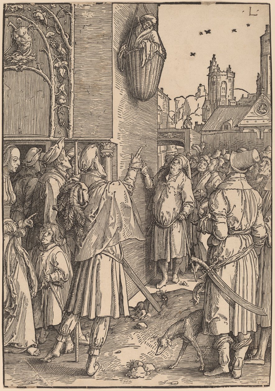 Básník Virgil zavěšený v koši od Lucas van Leyden