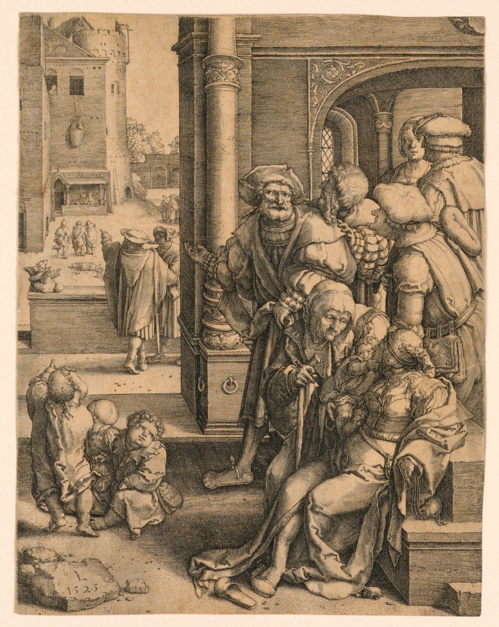 Básník Virgil zavěšený v koši od Lucas van Leyden
