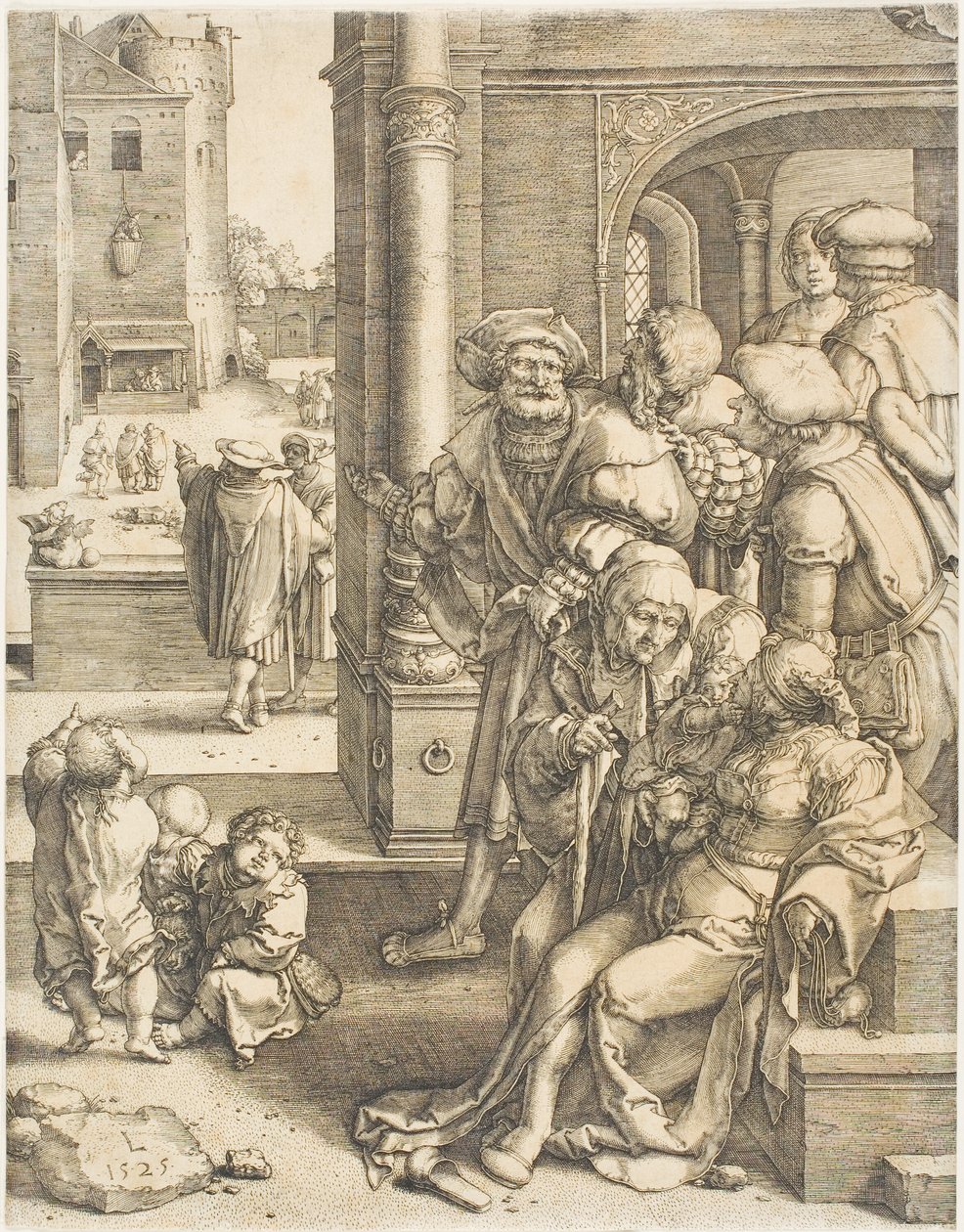 Básník Virgil zavěšený v koši od Lucas van Leyden