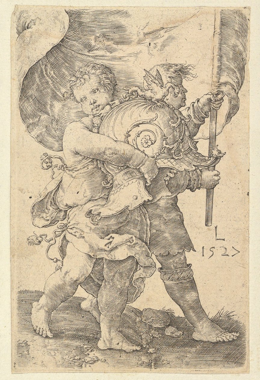Dva chlapci s helmou a standardem, 1527. od Lucas van Leyden