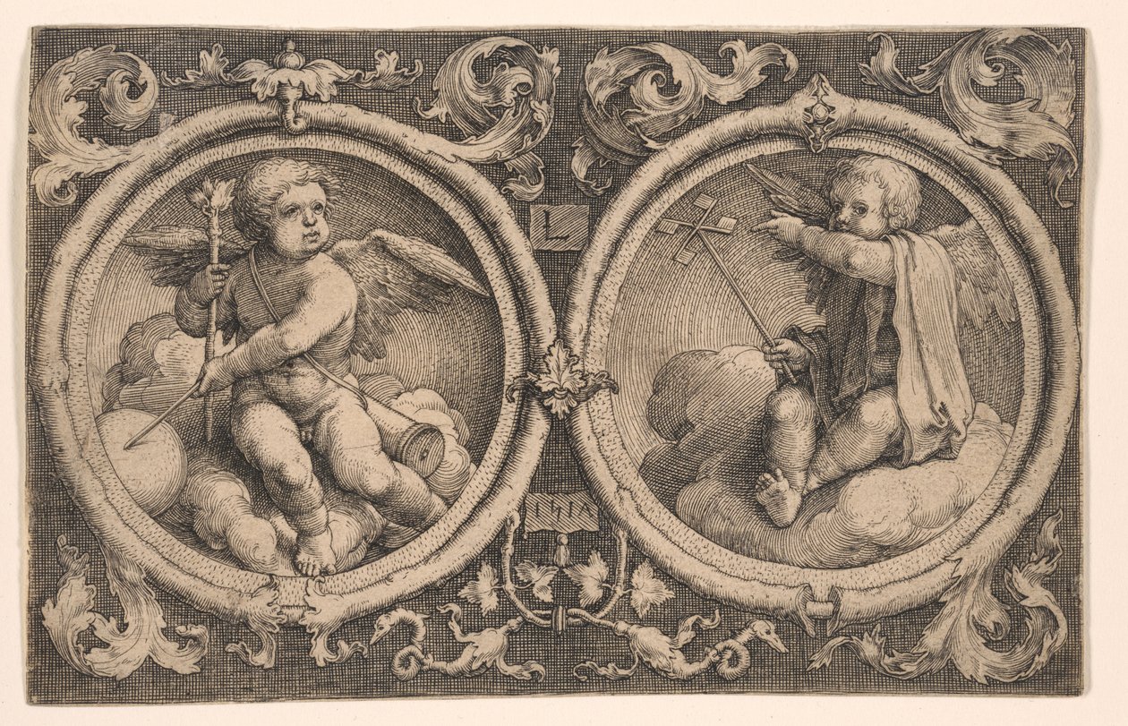 Dva amorci sedící na mracích od Lucas van Leyden