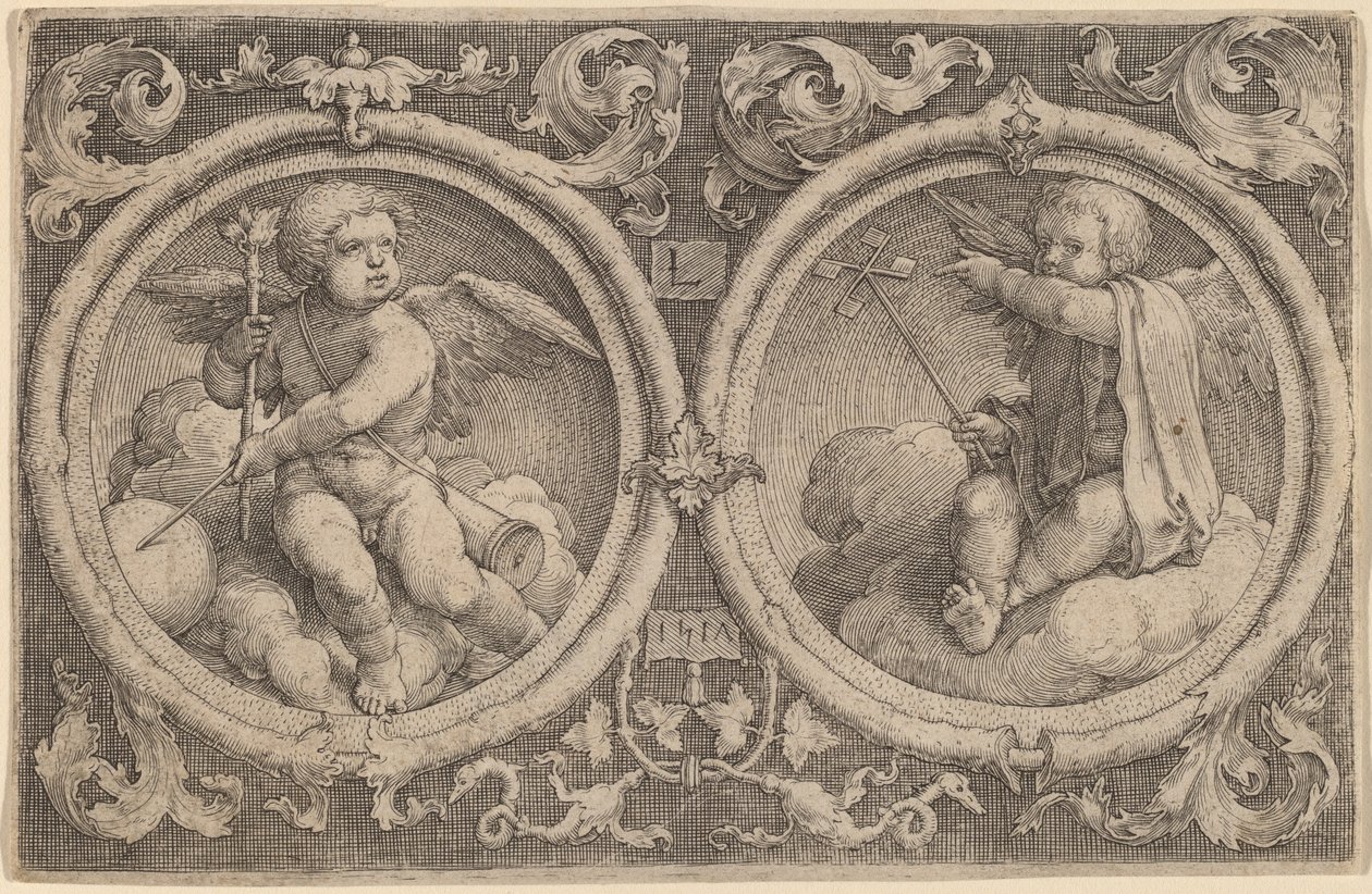 Dva Amorové sedící na oblacích ve dvou kruzích od Lucas van Leyden