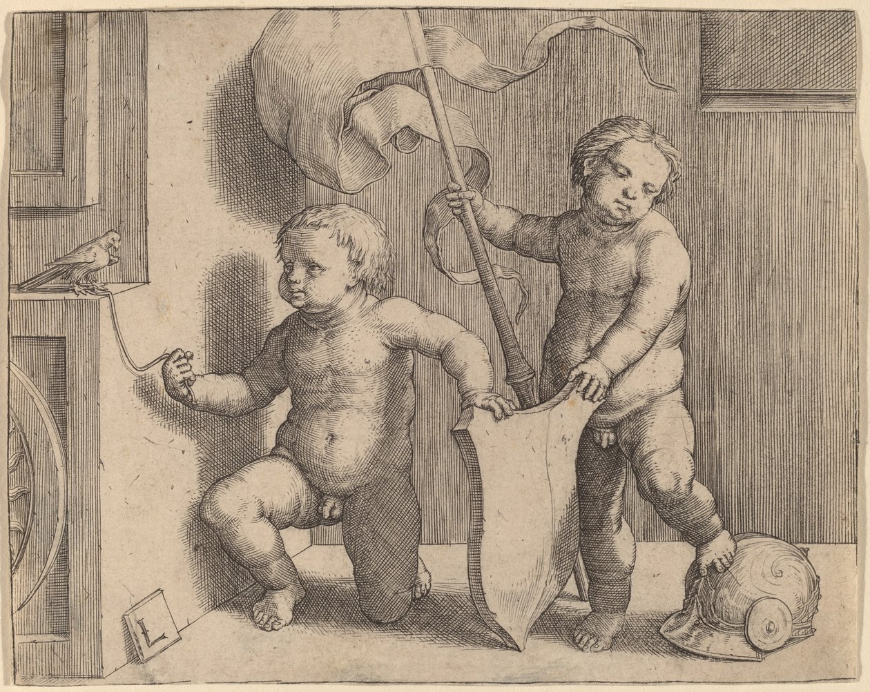 Dvě nahé děti podporující prázdný štít od Lucas van Leyden