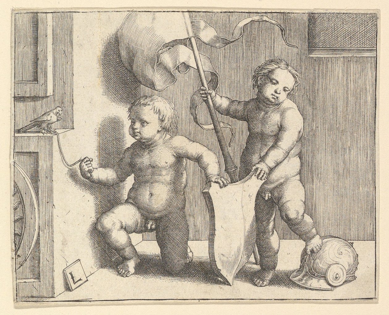 Dvě nahé děti podporující prázdný štít, ca. 1510. od Lucas van Leyden