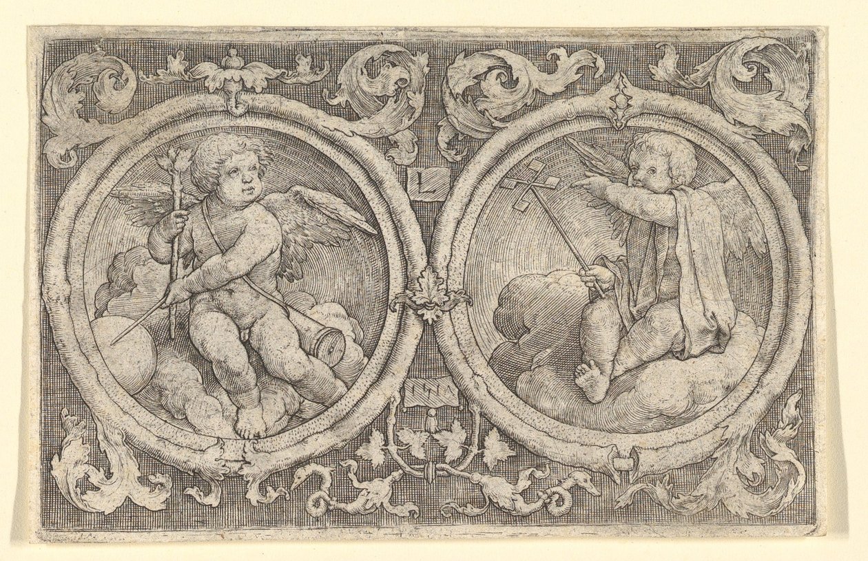 Dva Putti sedící v oblacích v kruzích s úponky, 1517. od Lucas van Leyden