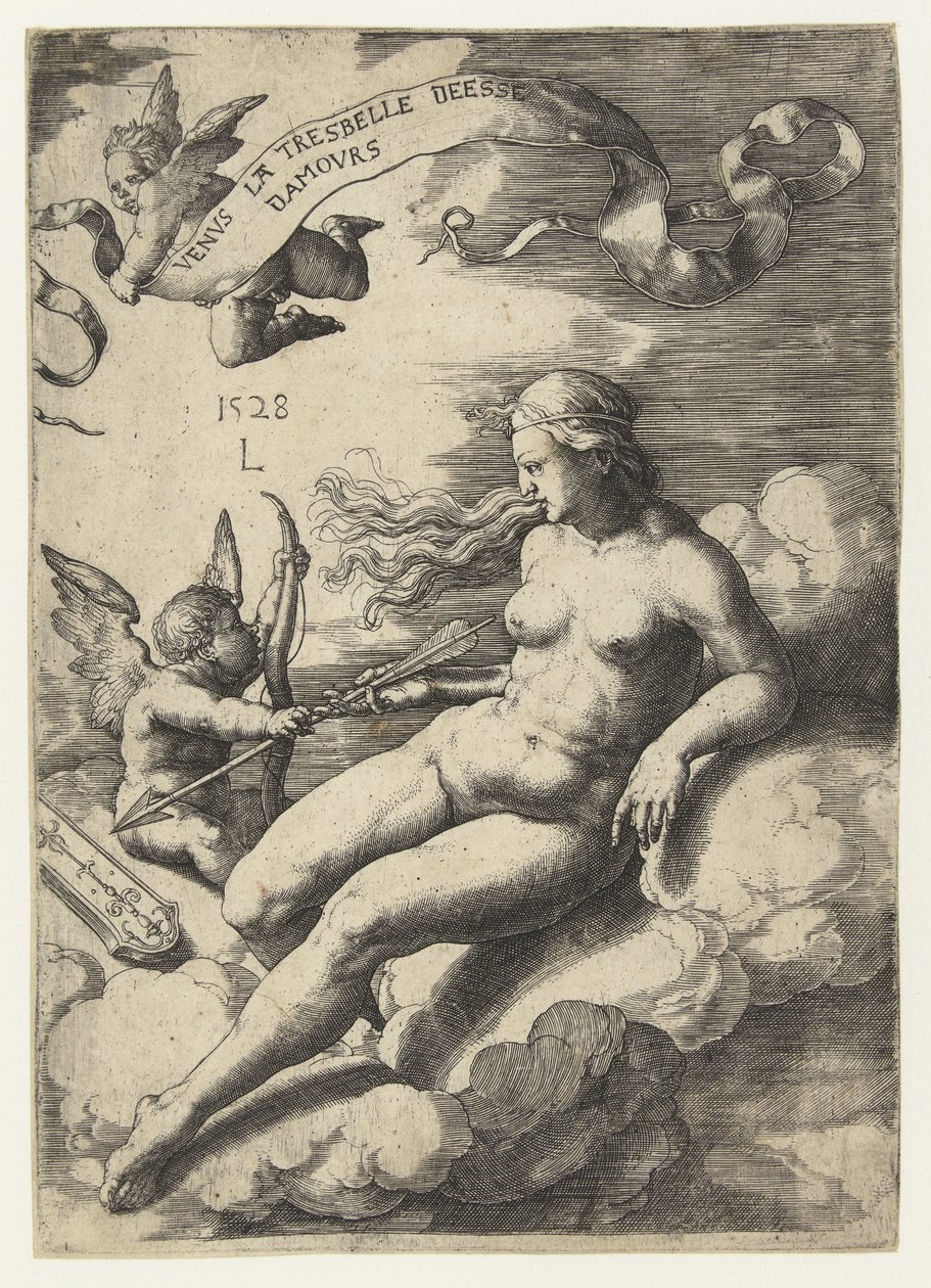 Venuše a Amor Venus la tresbelle deese damours (titul na objektu) od Lucas van Leyden