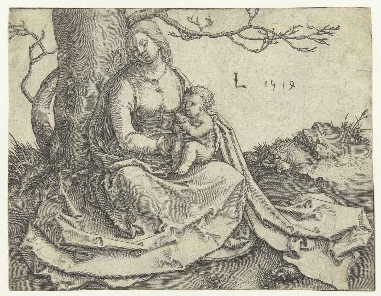 Panna a dítě sedí pod stromem od Lucas van Leyden