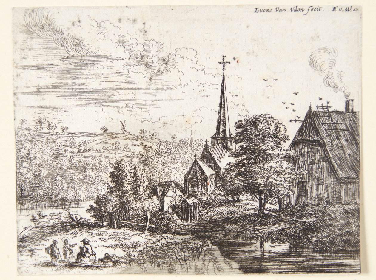 Vesnice u řeky, v popředí tři postavy od Lucas van Uden