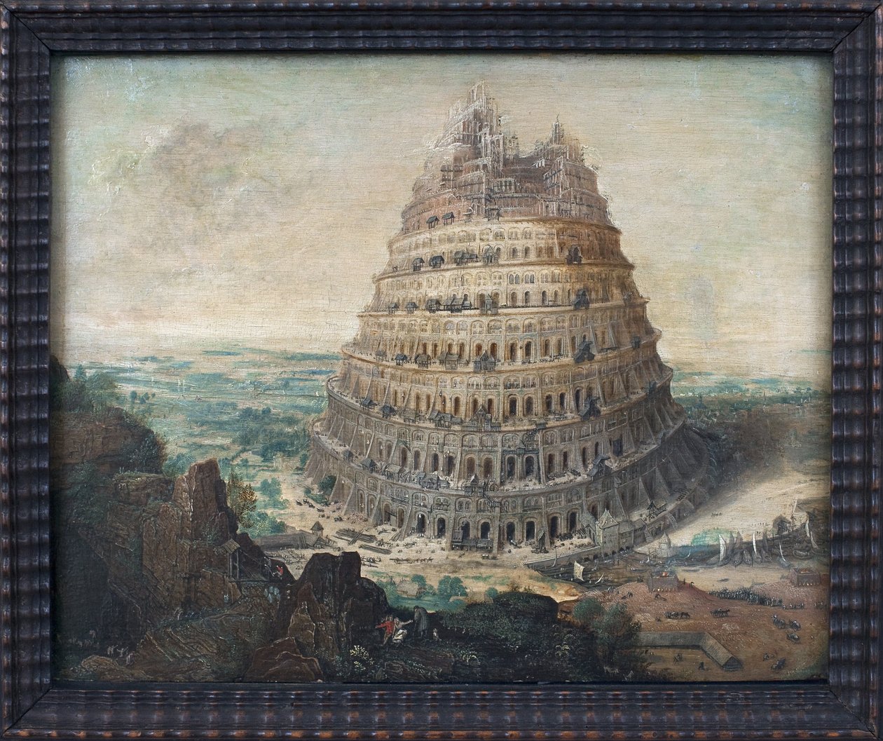 Babylonská věž. Malba Lucase Van Valkenborcha (asi 1535-1597), olej na dřevě, vlámské umění od Lucas van Valckenborch