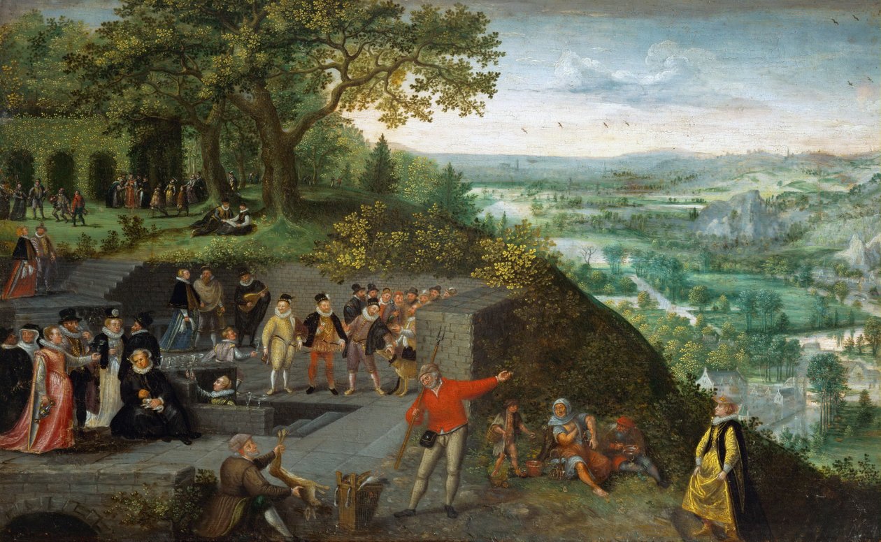 Rané nizozemské umění: Císař Rudolf II. (1552-1612) při pitné kúře - Císař Rudolf II. při pitné kúře od Valckenborch, Lucas, van (1530-1597), cca 1594. Olej na dřevě, 25,4x40, 4. Uměleckohistorické muzeum, Vídeň od Lucas van Valckenborch