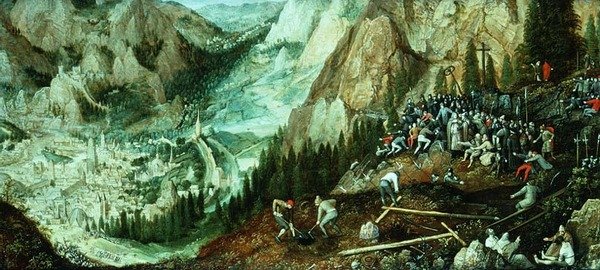 Krajina s Jeruzalémem, Kristus nesoucí kříž a přípravy na kopci Kalvárie od Lucas van Valckenborch