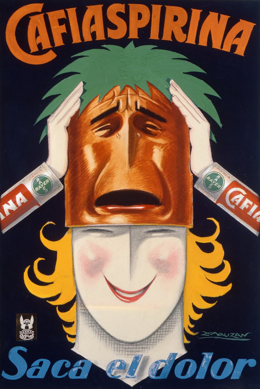 Plakát vyrobený v Argentině k propagaci Cafiaspirina aspirin (barevný litho) od Luciano Achille Mauzan