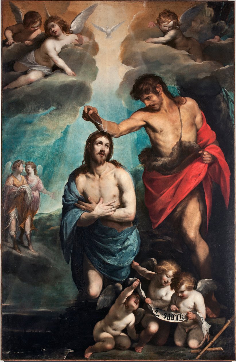 Kristův křest Holubice Ducha svatého (Ducha svatého) nad Ježíšem Kristem (Křtitel Ježíše) Obraz Luciana Borzone (1590-1645) Genes ze 17. století, Musei di Strada Nuova (ex Palazzo Bianco) Itálie od Luciano Borzone