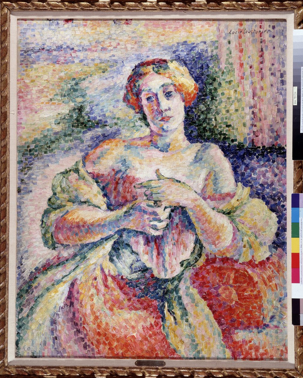 Žena v růžové a modré Young elegante with denudees rameno. Obraz Lucie Cousturier (1870-1925) 1908 Rozm. 93x73 cm Povinná zmínka: Sbírkový fond s pozdravem de Provence, Marseille od Lucie Cousturier