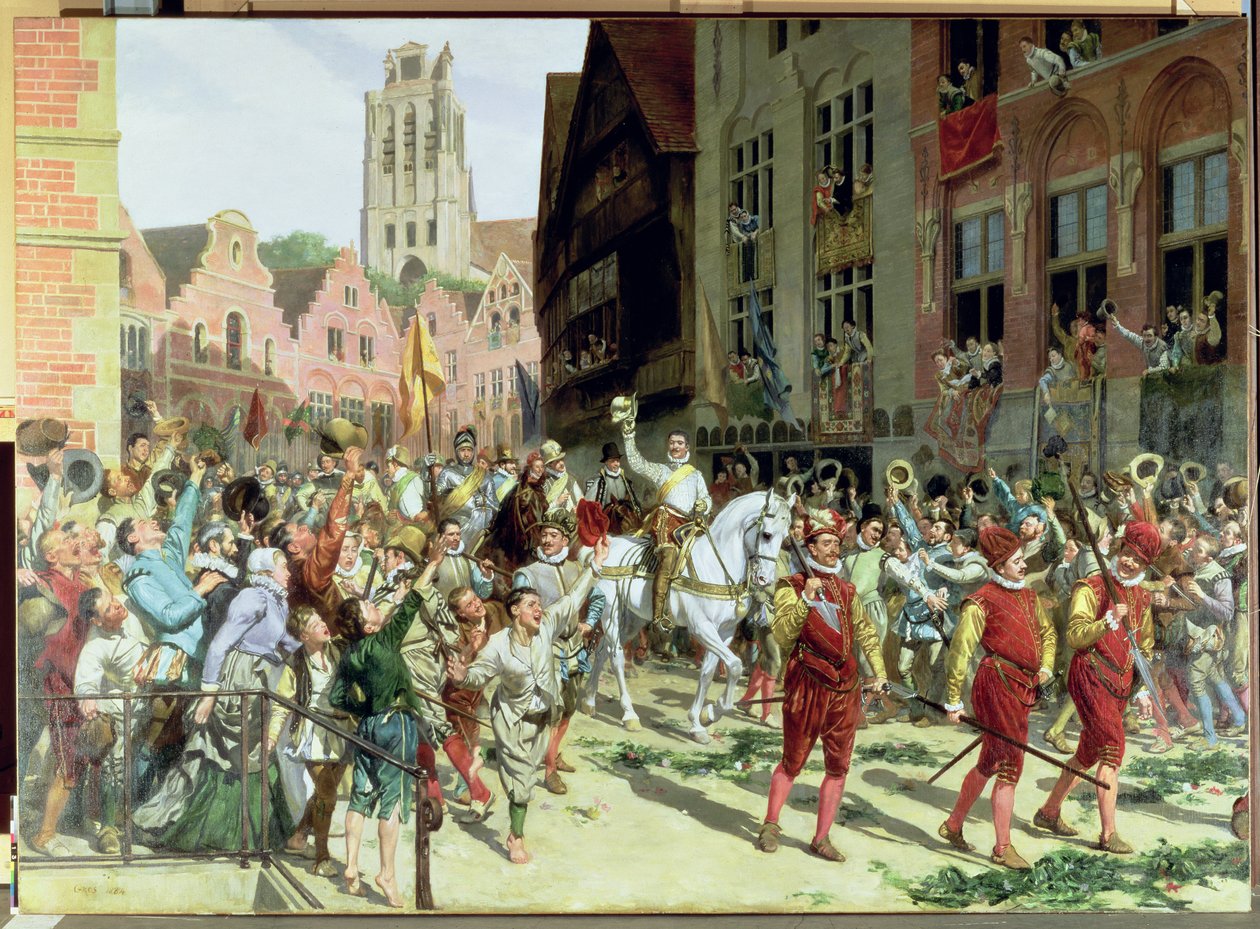 Triumfální příjezd prince Maurice z Orange-Nassau do Rotterdamu po bitvě u Nieuwpoortu v roce 1600, 1884 od Lucien Alphonse Gros