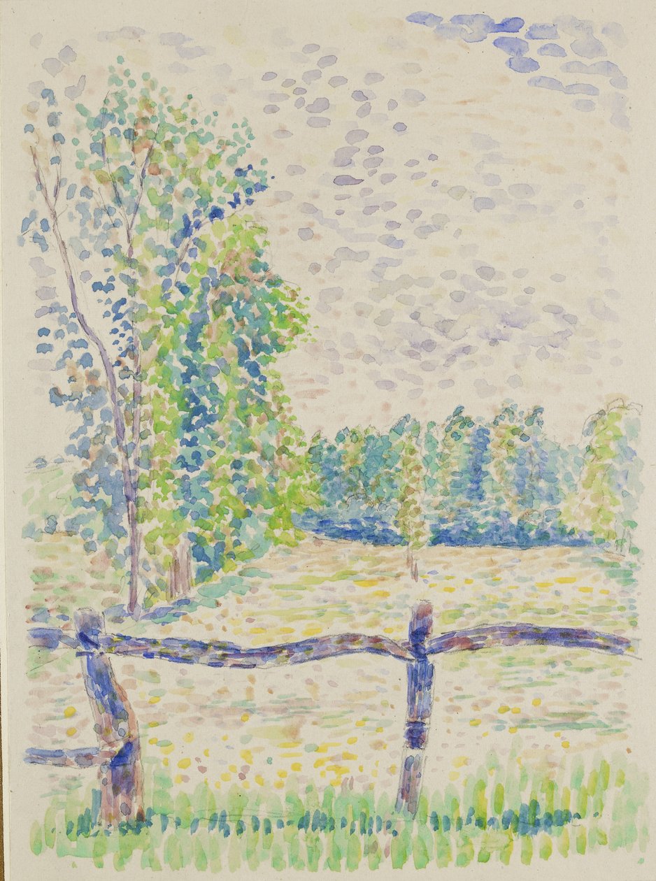 La Barrière, Eragny Meadows, kolem roku 1886 (akvarel přes grafit na bílém papíře) od Lucien Pissarro