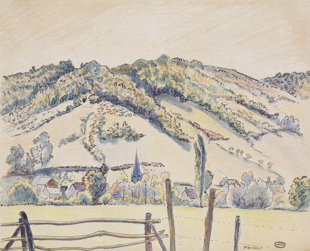 Méricourt, 1919 (pero a inkoust a barevné pastelky na bílém papíře) od Lucien Pissarro