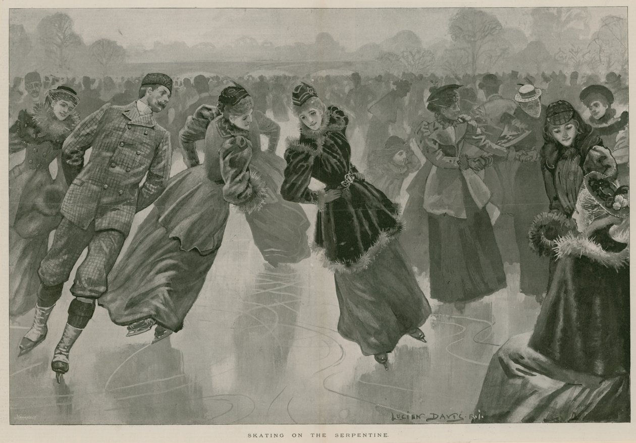 Bruslení na Serpentine, Hyde Park, Londýn (rytina) od Lucien Davis