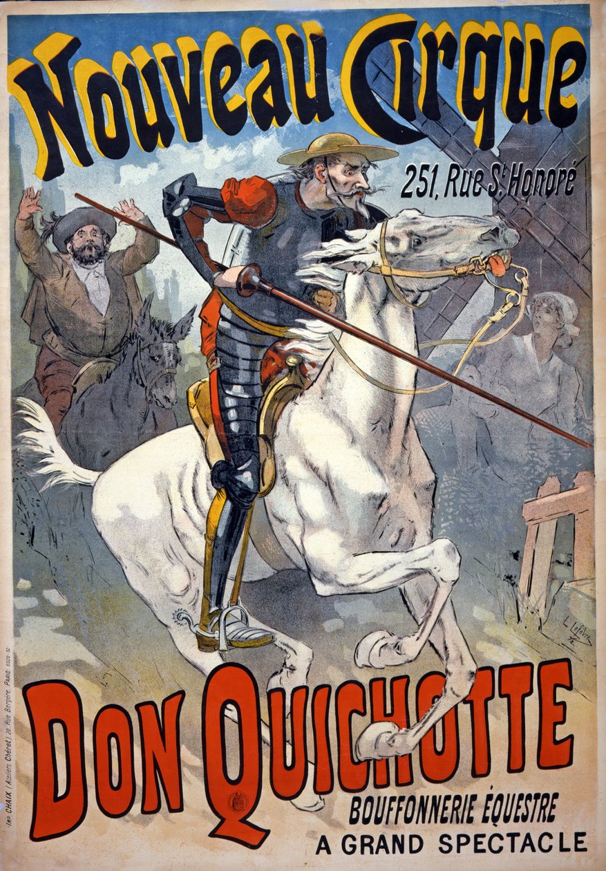 Reklama pro "Nouveau Cirque" s "Don Quichotte, Bouffonnerie équestre", hospoda. 1892 (barevné lito) od Lucien Lefevre