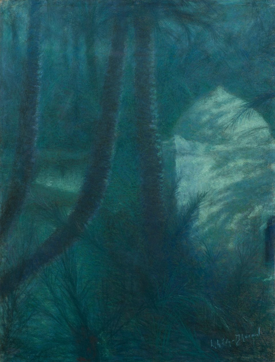 La Palmeraie, Marrákeš, v měsíčním světle (pastel na papíře na lepence) od Lucien Levy Dhurmer