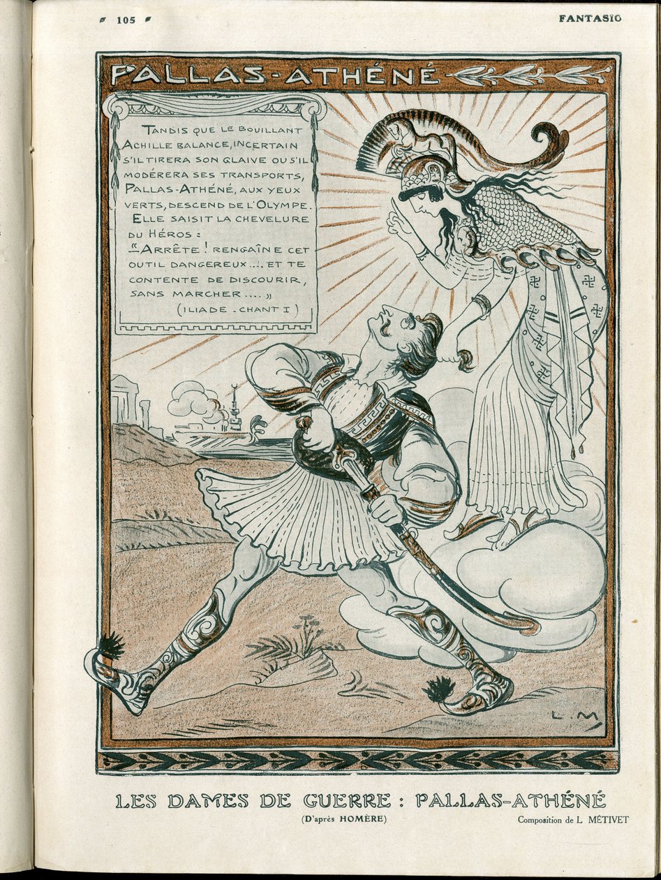 Ilustrace ve "Fantasio", 01/04/15 - válečná žena Pallas-Athenee válka 14-18 (rytina) od Lucien Metivet