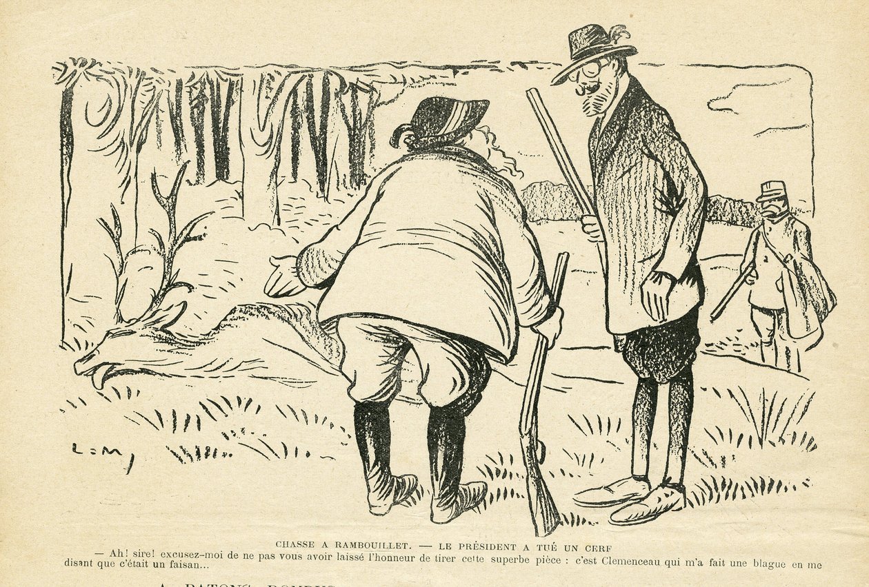 Ilustrace v Le Rire, 5.12.08 - Lov v Rambouillet - Přírodní vegetace, Lovec, prezident republiky, Rambouillet - Clemenceau Georges, Fallieres Armand (1841-1931), Jelen od Lucien Metivet