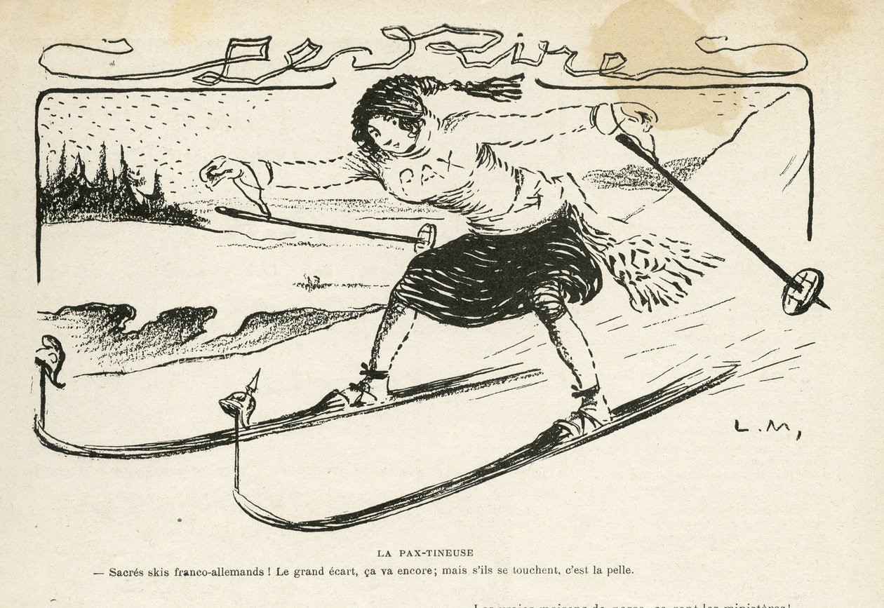 Ilustrace v Le Rire, 24. 2. 2012 - La pax-tineuse - Německo Prusko, sport, mír, lyže, sníh, francouzsko-německé vztahy, první světová válka - Marianne - sport, alegorie (rytina) od Lucien Metivet