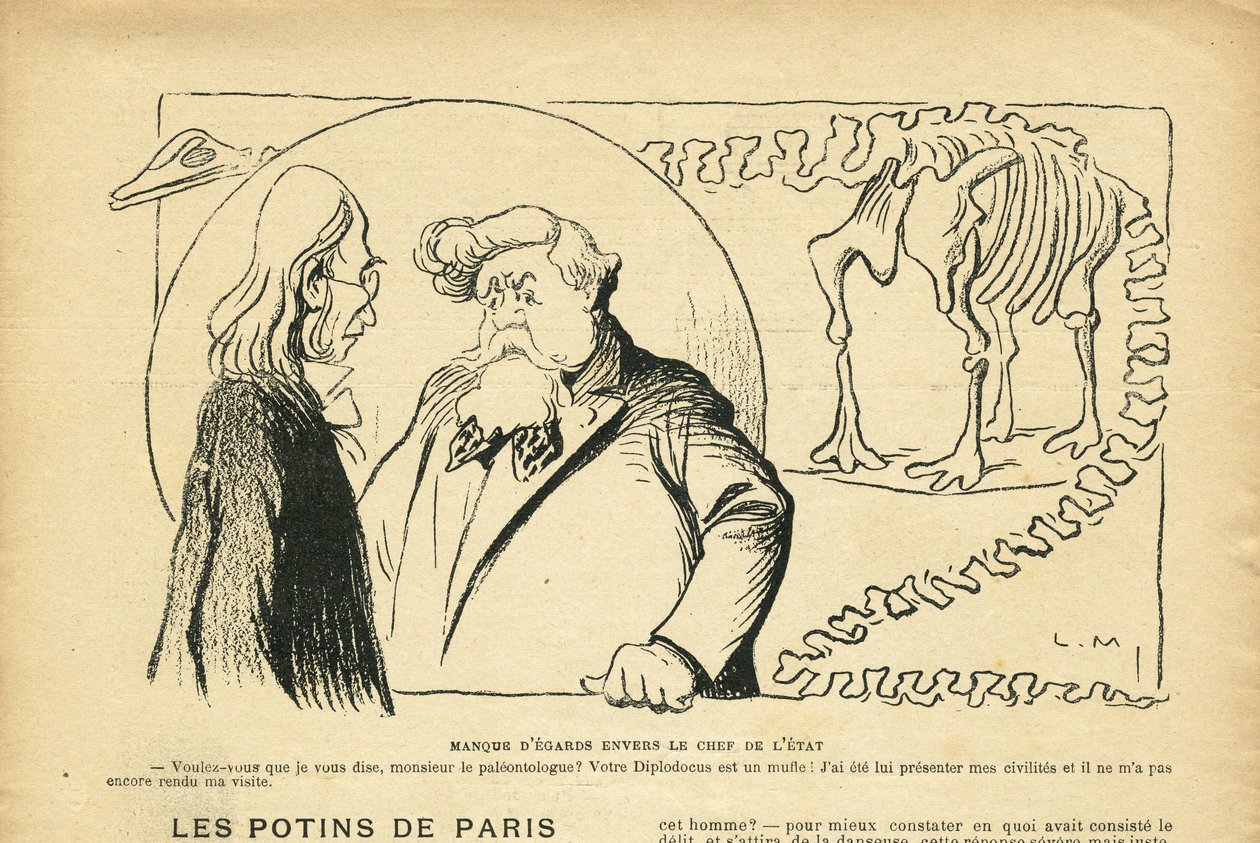Ilustrace v Le Rire, 27/06/08 - Neúcta k hlavě státu - Prezident republiky, Dinosaurus, Paleontologie - Fallieres Armand (1841-1931), Dinosaurus, Diplodocus (rytina) od Lucien Metivet