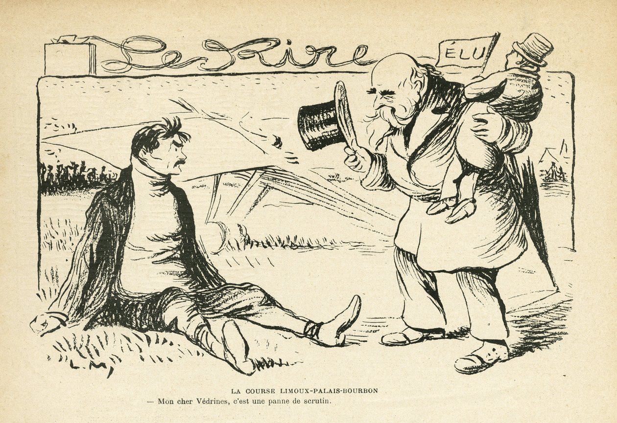 Ilustrace v Le Rire, 30.3.2012 - Závod Limoux-Palais-Bourbon - Volby, letectví - Vedrines Jules (1881-1919) (rytina) od Lucien Metivet