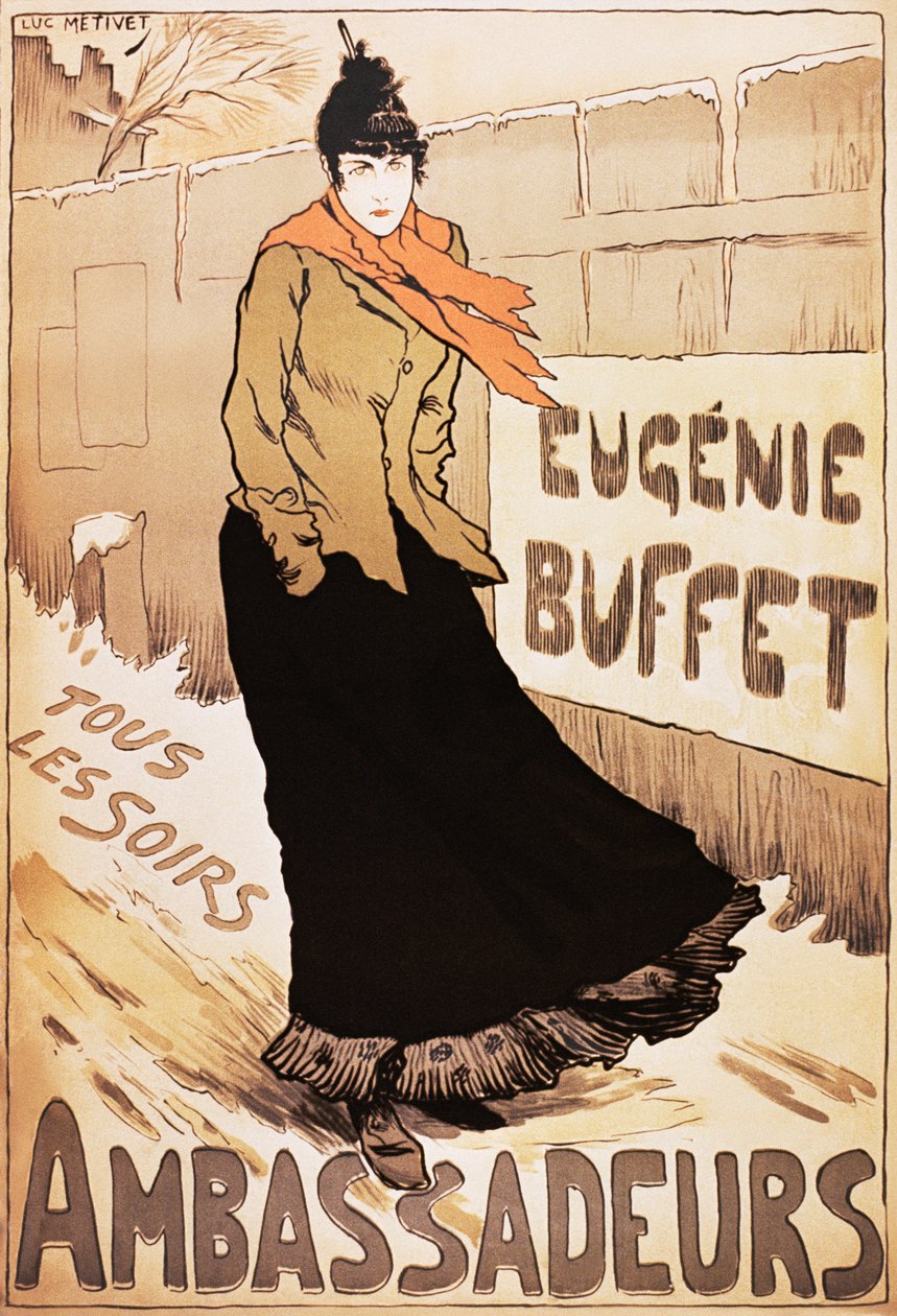 Vintage plakát francouzské zpěvačky Eugenie Buffet chůzi ve sněhu od Lucien Metivet