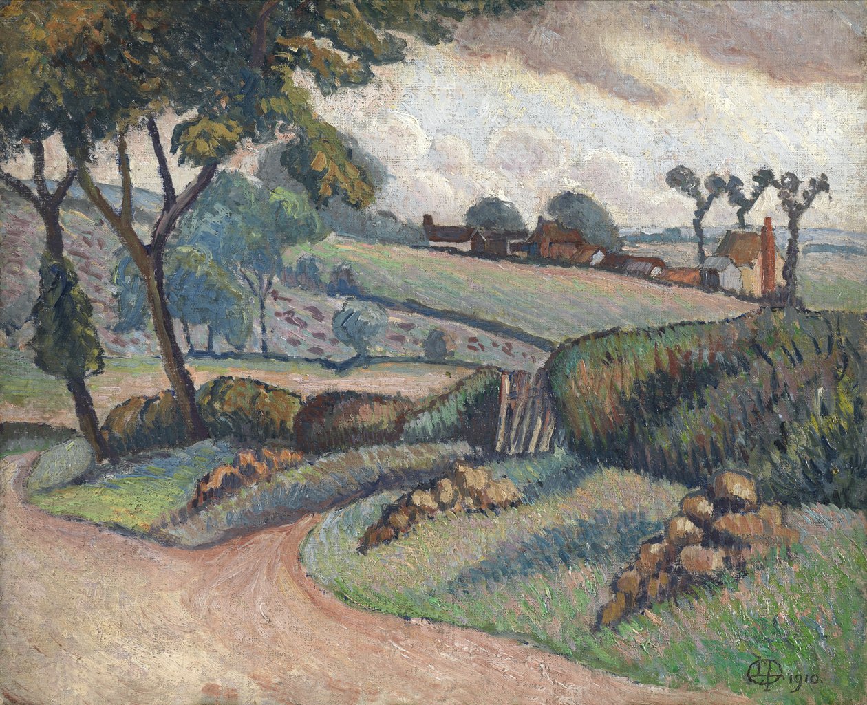 Duton Hill, Essex, 1910 (olej na plátně položeném na desce) od Lucien Pissarro