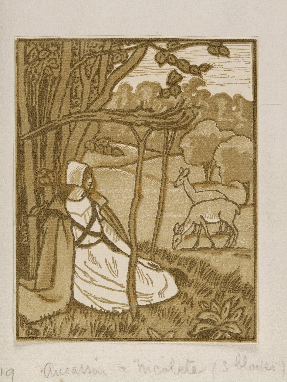 Dívky sedící pod stromem s jeleny, dřevorytina Luciena Pissarra, c1880-1940 od Lucien Pissarro