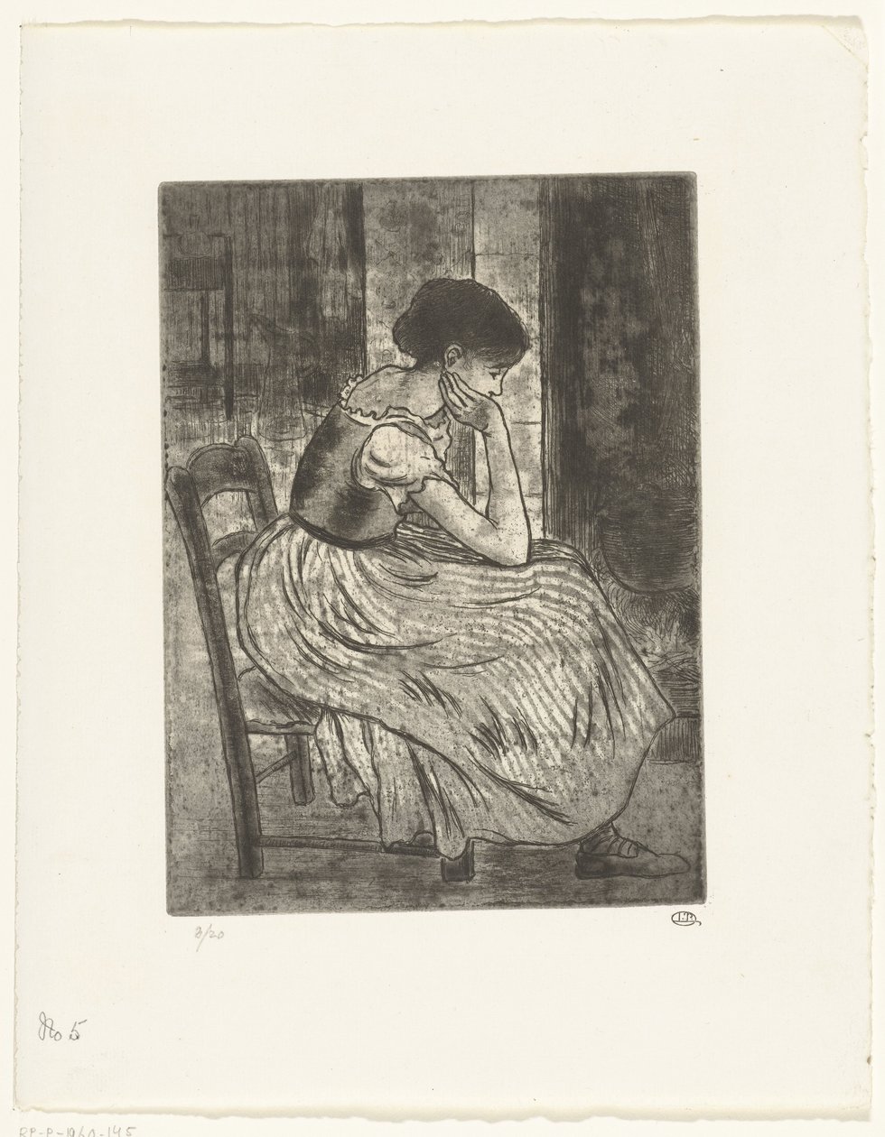 Mladá žena sedí u ohně od Lucien Pissarro