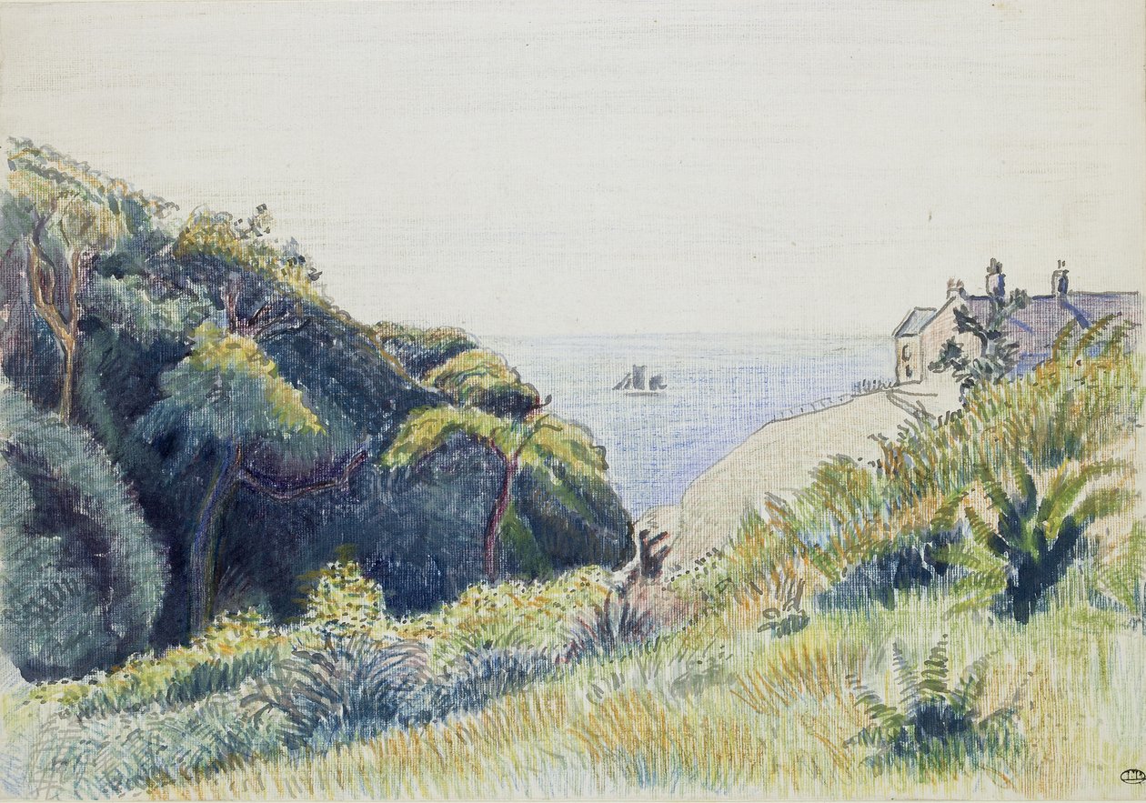 The Coastguards House, Ecclesbourne, 1918 (pero a šedý inkoust a barevné pastelky na texturovaném papíře) od Lucien Pissarro