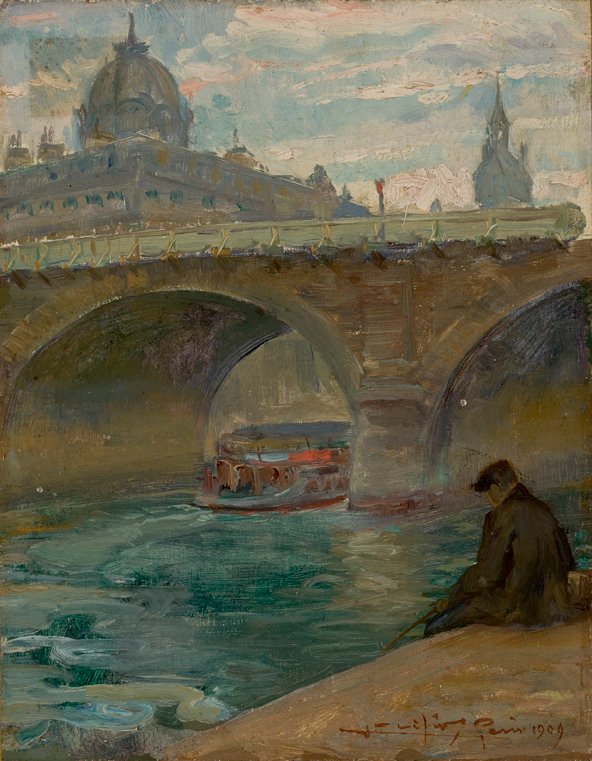 Seine Rivern French: Most Notre-Dame v Paříži s kupolí obchodního dvora v pozadí Portugues: O Senan od Lucilio de Albuquerque
