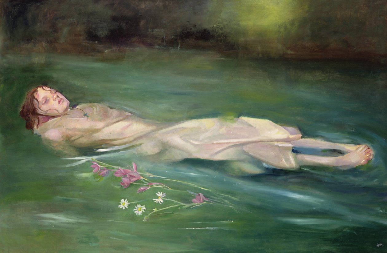 Dívka driftující, 2004 (olej na desce) od Lucinda Arundell
