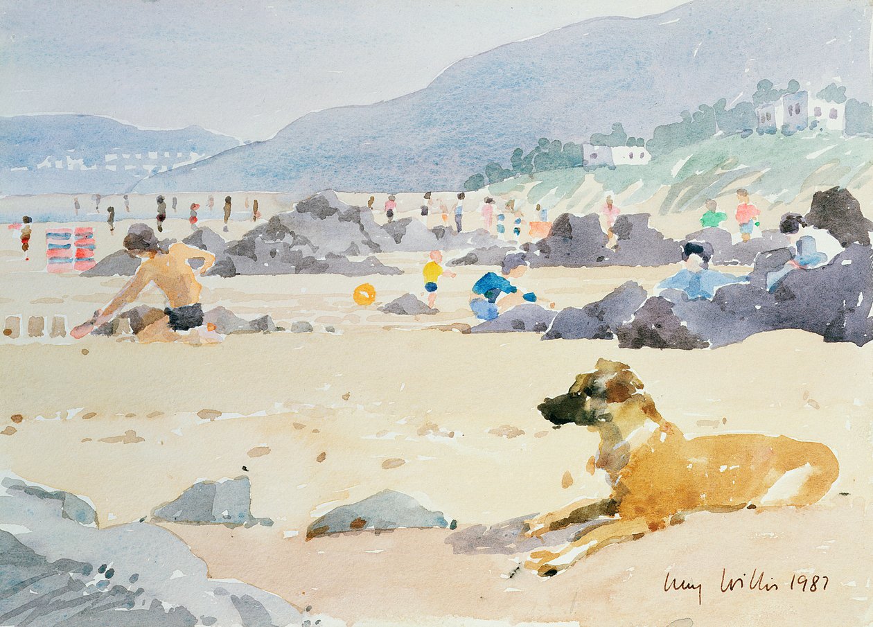 Pes na pláži, Woolacombe, 1987 (wc na papíře) od Lucy Willis