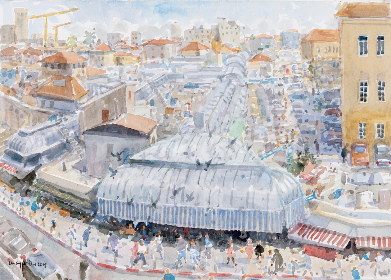Pohled z balkónu, Mahane Yehuda, Jeruzalém, 2019 (bez papíru na papíře) od Lucy Willis