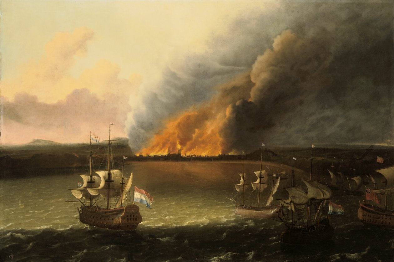 Přímořská krajina s ohněm v dálce, 1667 od Ludolf Backhuysen I